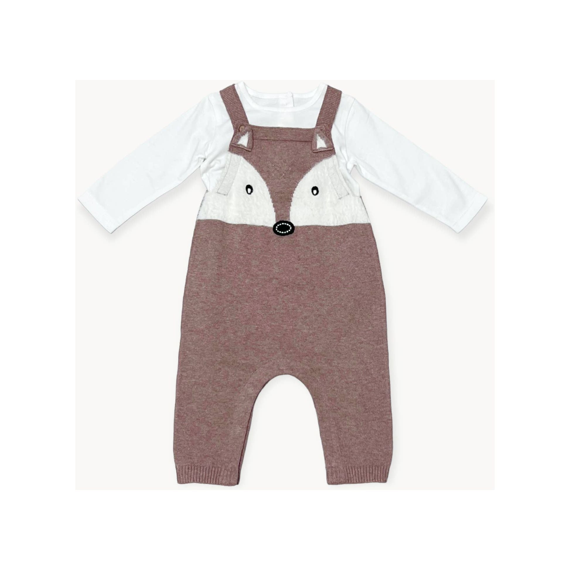 Fox Jacquard Knit Overall Set - Cafe Latte