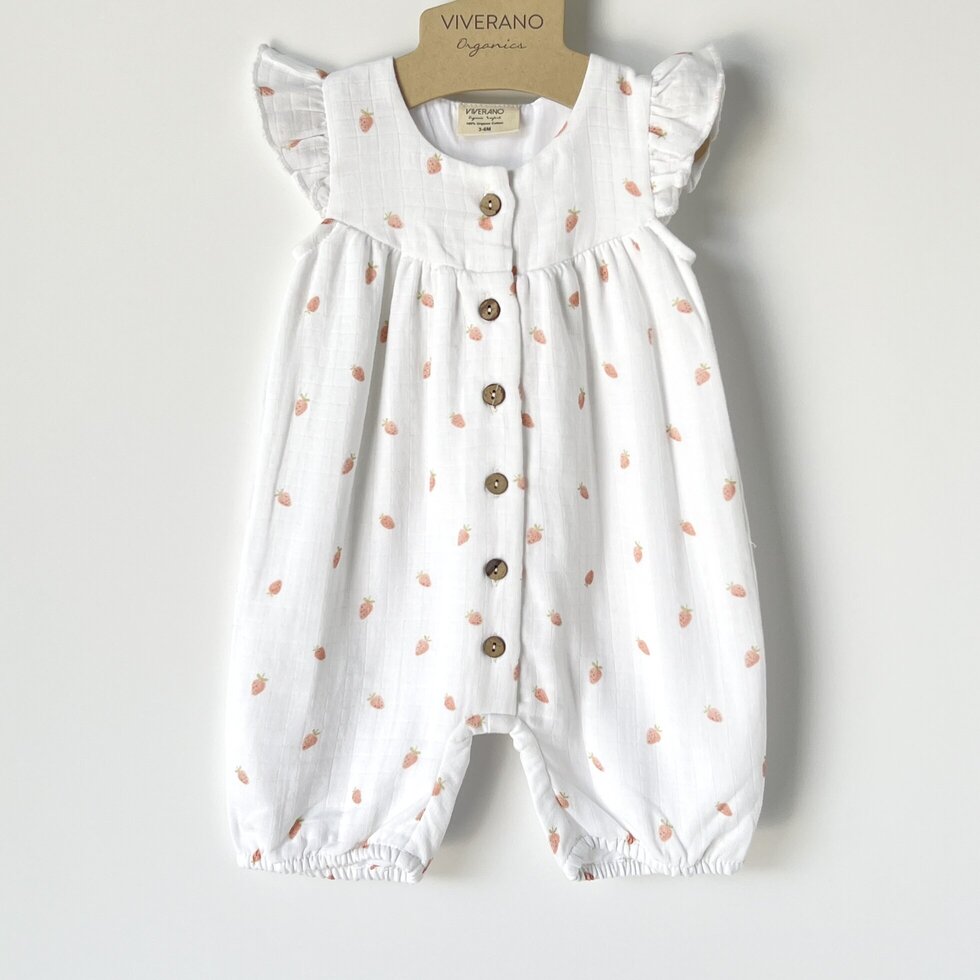 Strawberry Ruffle & Button Short Romper - Dove White