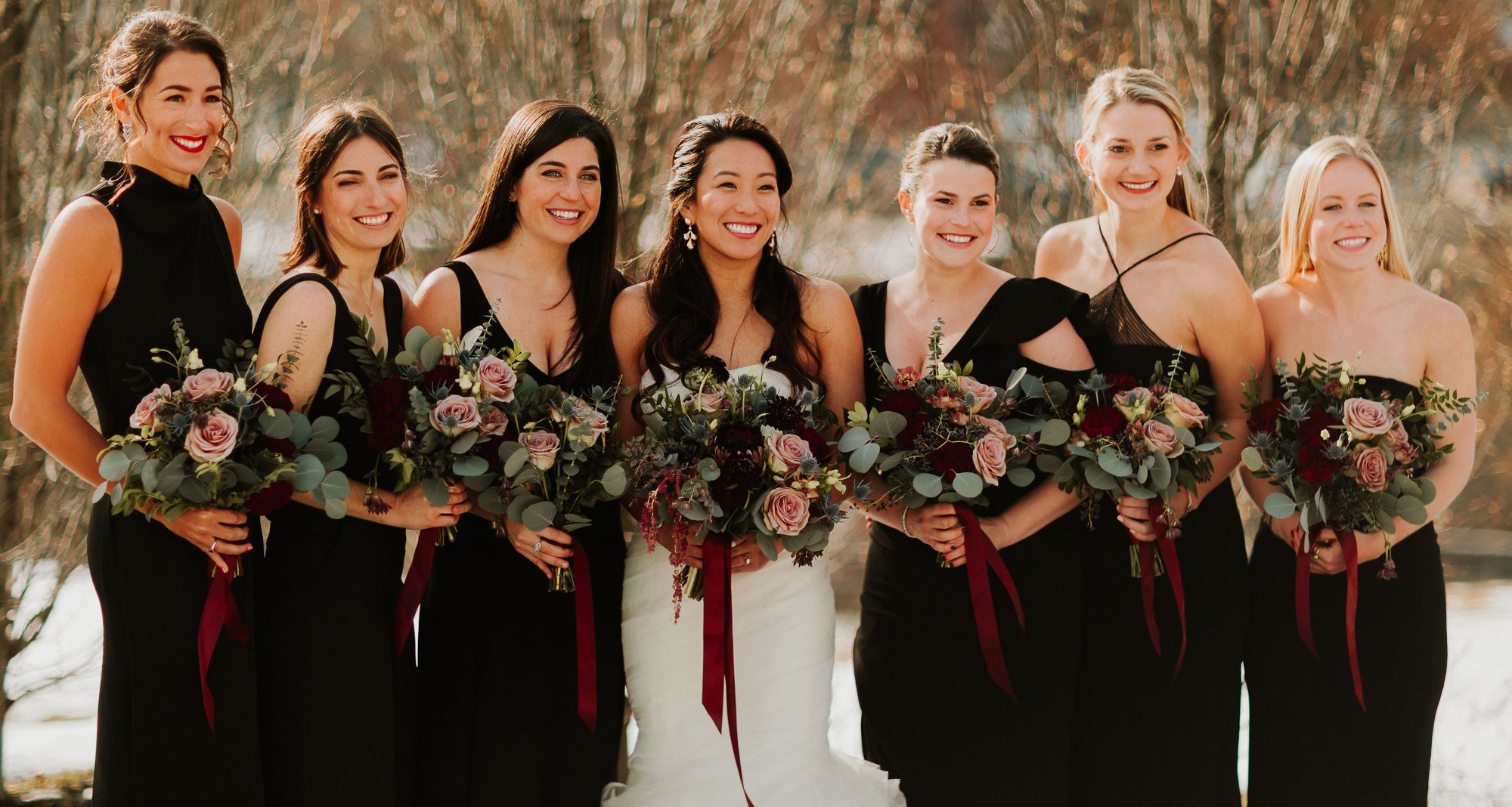 Winter Wedding at The Roundhouse in Beacon, NY in the Hudson Valley. Burgundy and blush bridal bouquet.