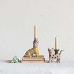 Cat Shaped Taper Holder, Hand-Painted Stoneware