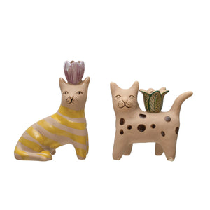 Cat Shaped Taper Holder, Hand-Painted Stoneware