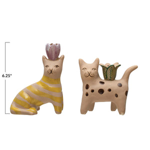 Cat Shaped Taper Holder, Hand-Painted Stoneware